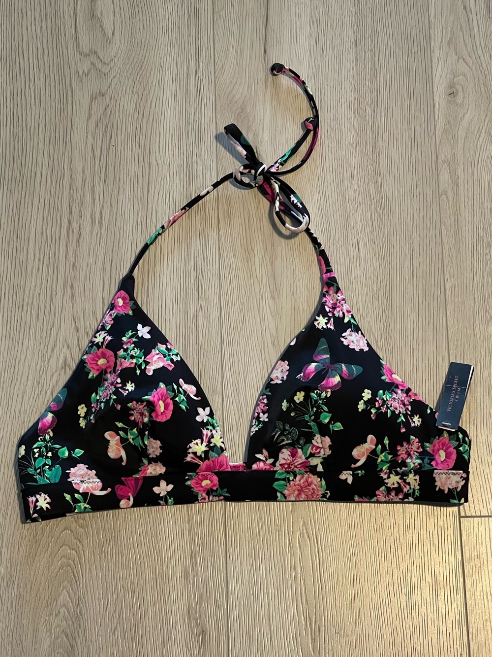 Victoria's Secret Halterneck Triangle Bikini Top - Black Butterfly Floral Swim
